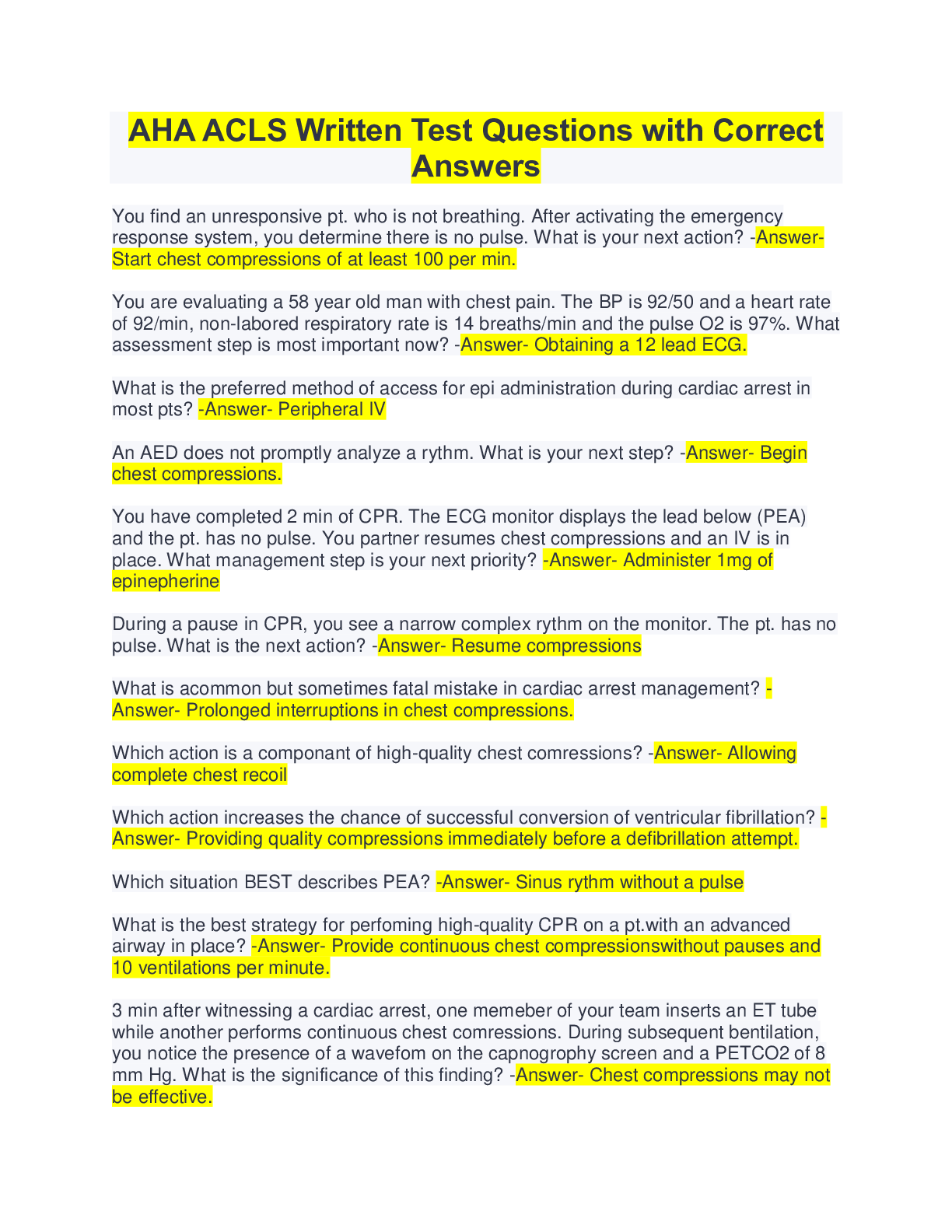 Preview image for AHA ACLS Written Test Questions with Correct Answers